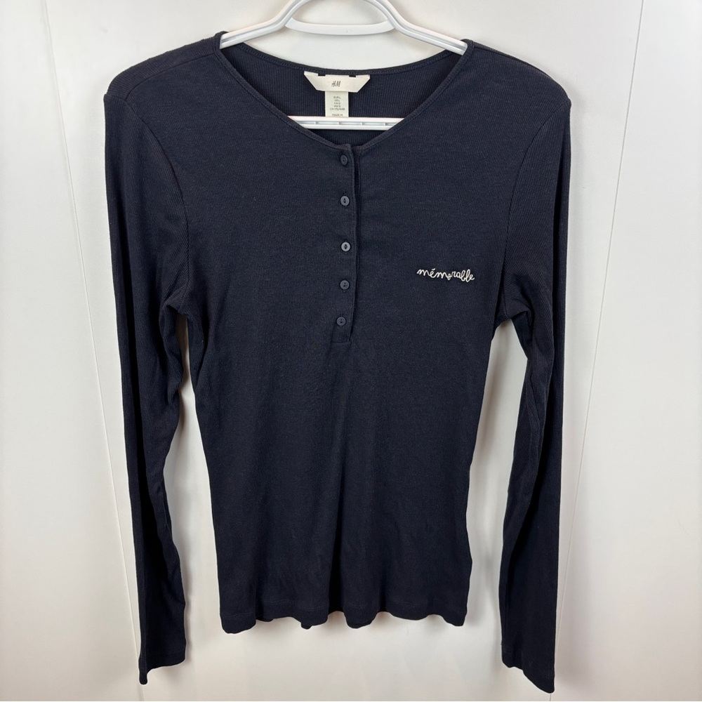 H&M Henley Top Navy Blue Memorable Embroidered Ribbed Long Sleeve Tee Women's L